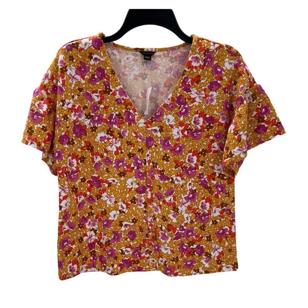 Ann Taylor XS Floral V-Neck Blouse Retro Short Sleeve Yellow Pink New - Picture 1 of 8